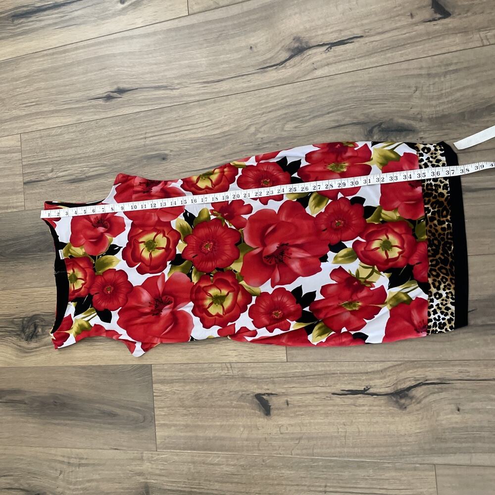 Cache Womens Sleeveless Red Floral Leopard Trim Sheath Dress Size 8 Slinky Knit - Picture 7 of 9